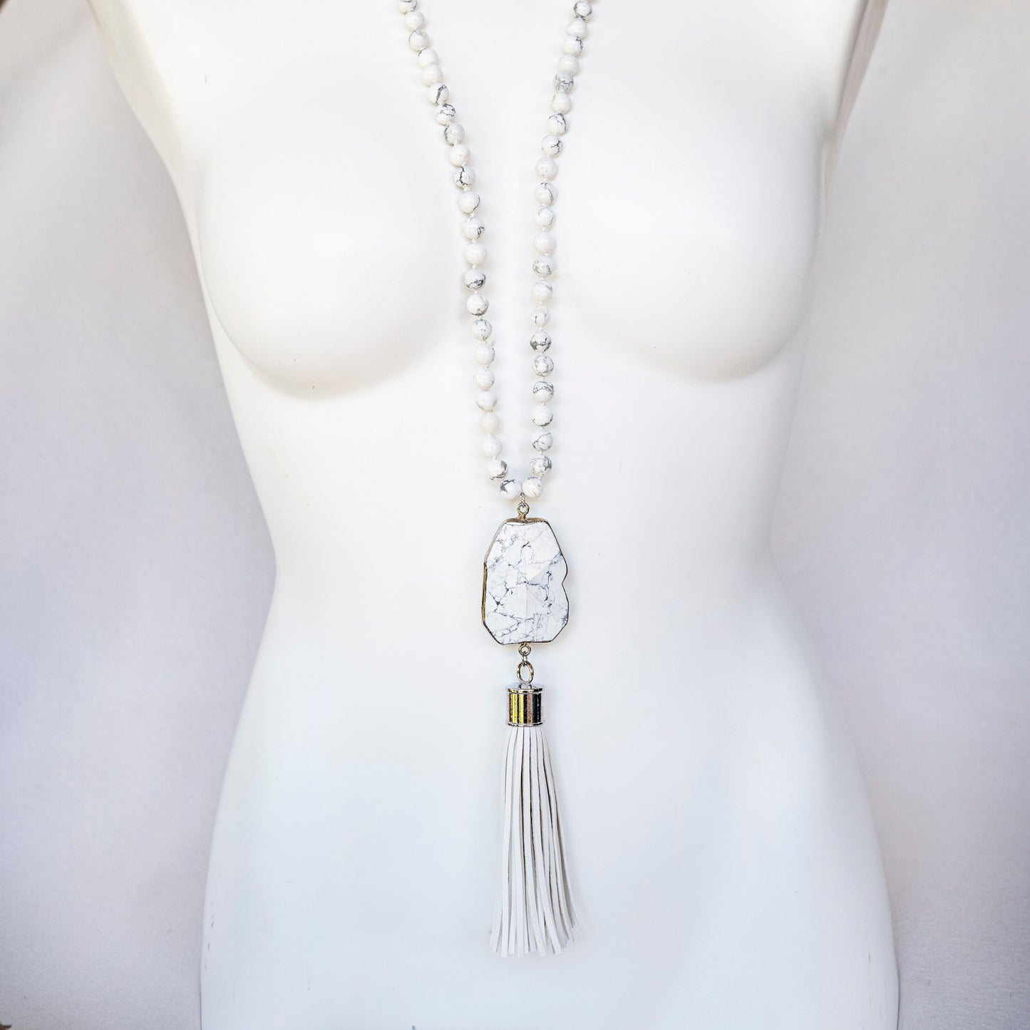 
                  
                    Boho & Mala Natural Tribal Round White Howlite Stone Tassel Necklace TN10036
                  
                