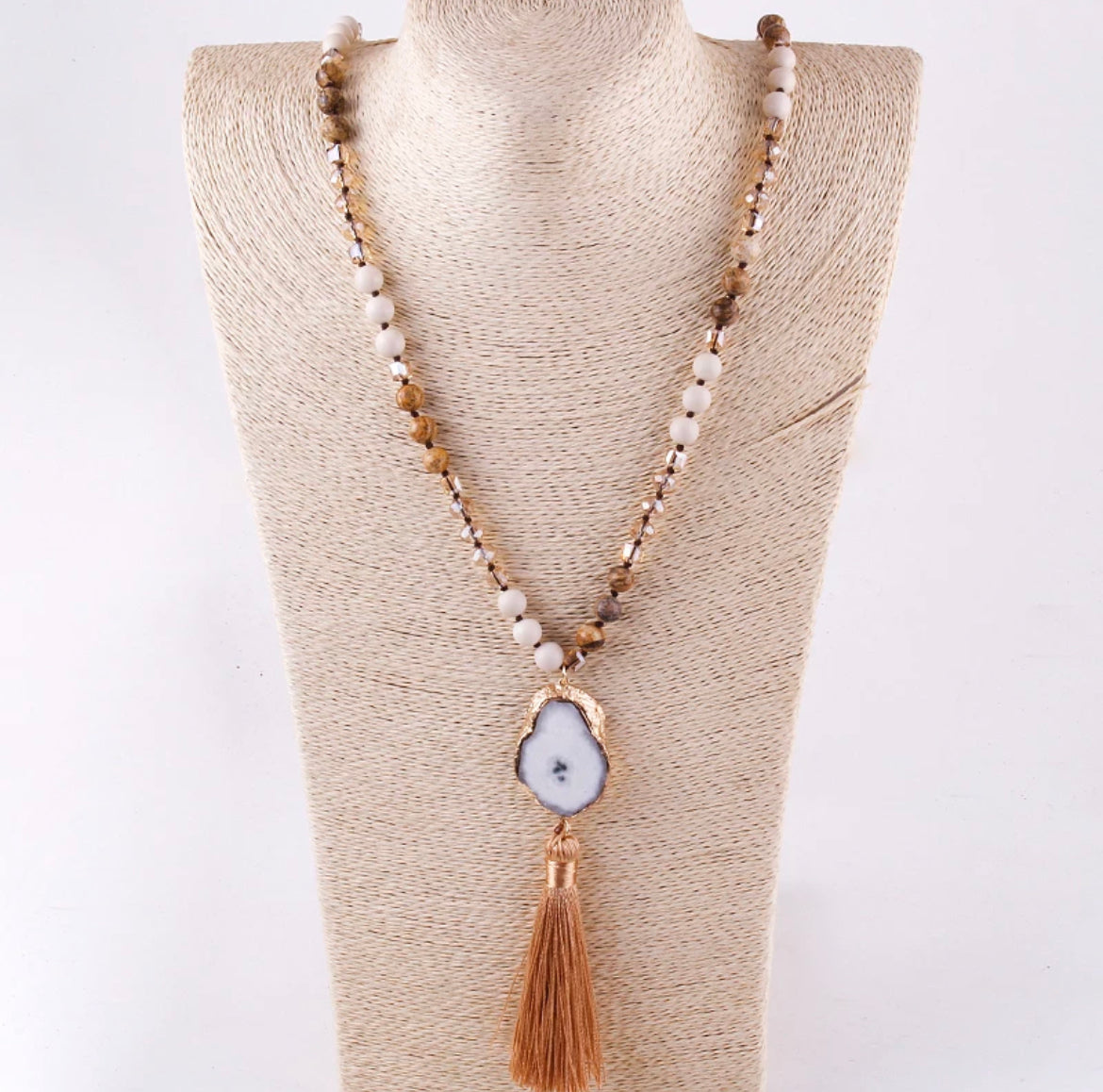 
                  
                    Boho & Mala Tribal Solar Quartz Agate Slice Tassel Necklace TN10081
                  
                
