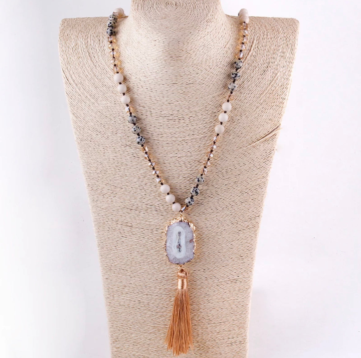 
                  
                    Boho & Mala Tribal Solar Quartz Agate Slice Tassel Necklace TN10080
                  
                