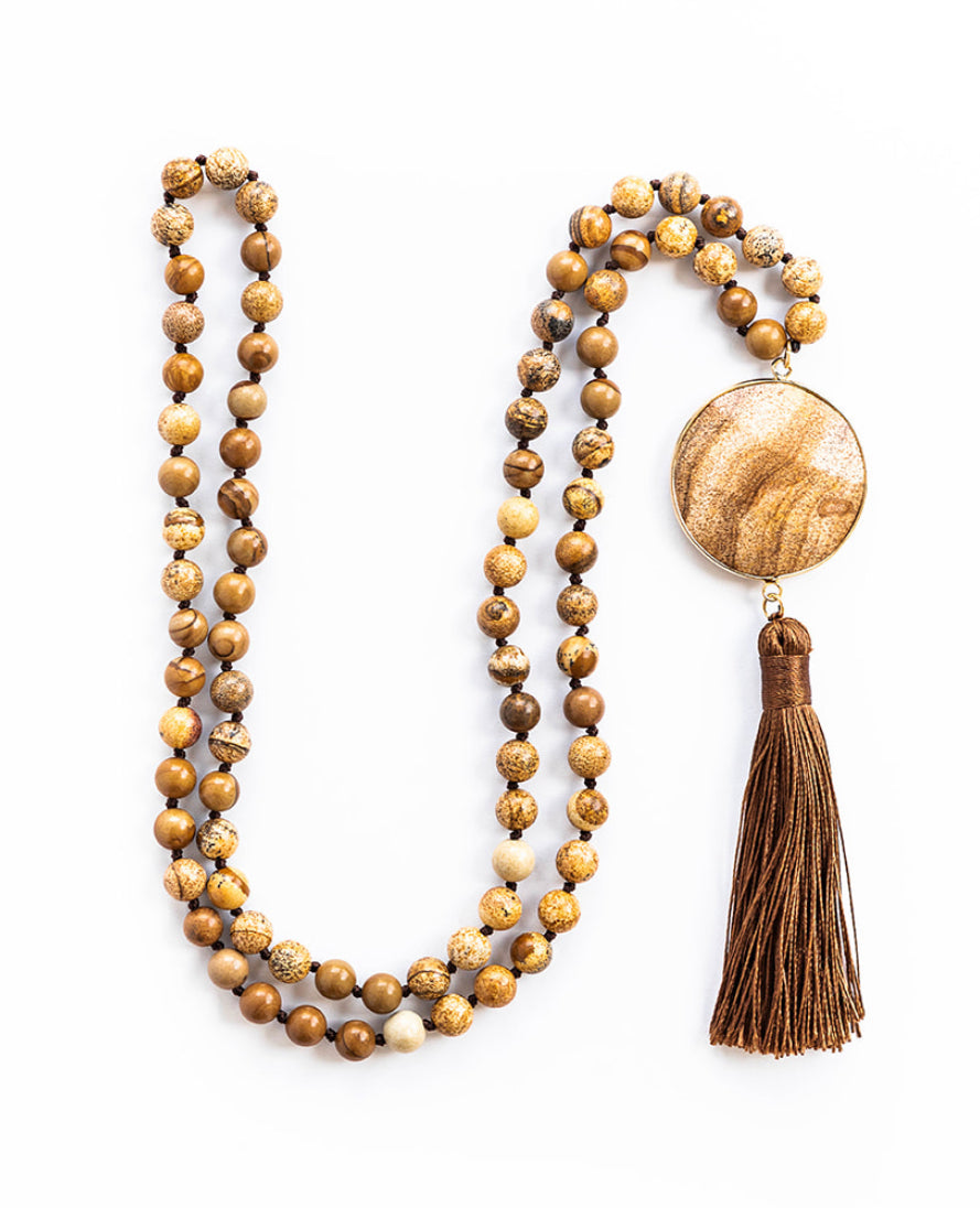 
                  
                    Boho & Mala Natural Tribal Round Desert Jasper Stone Tassel Necklace TN10028
                  
                