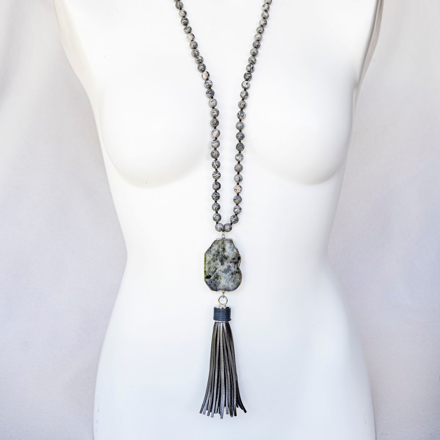 
                  
                    Boho & Mala Natural Tribal Round Map & Labradorite Stone Tassel Necklace TN10032
                  
                
