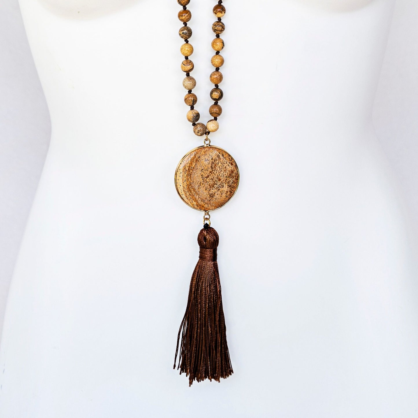 
                  
                    Boho & Mala Natural Tribal Round Desert Jasper Stone Tassel Necklace TN10028
                  
                